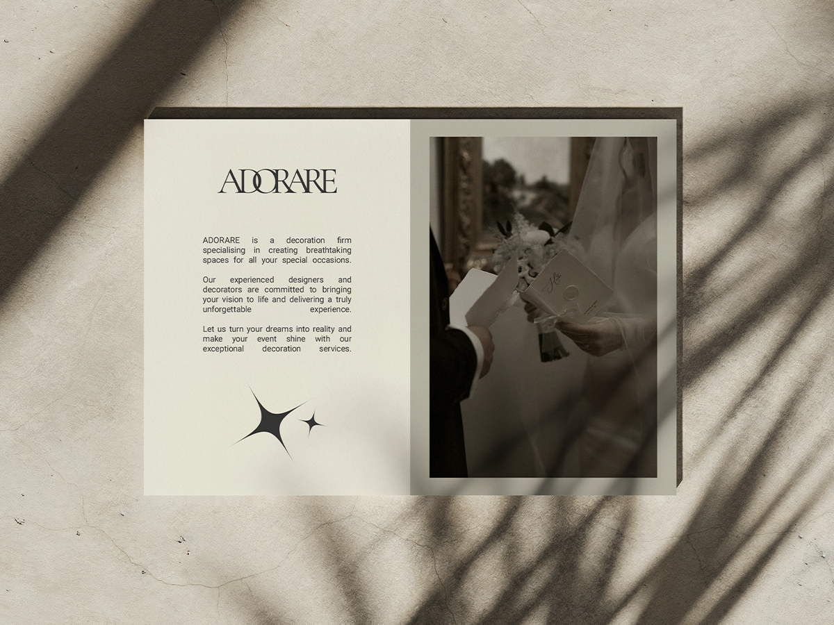 Adorare wedding decoration brochure with elegant typography and couple exchanging vows photograph