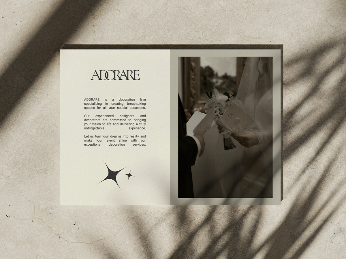 Adorare wedding decoration brochure with elegant typography and couple exchanging vows photograph
