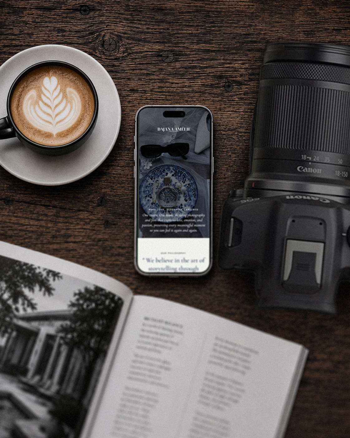 DAJANA AMELIE editorial photography brand displayed on iPhone mobile mockup with modern black and white design