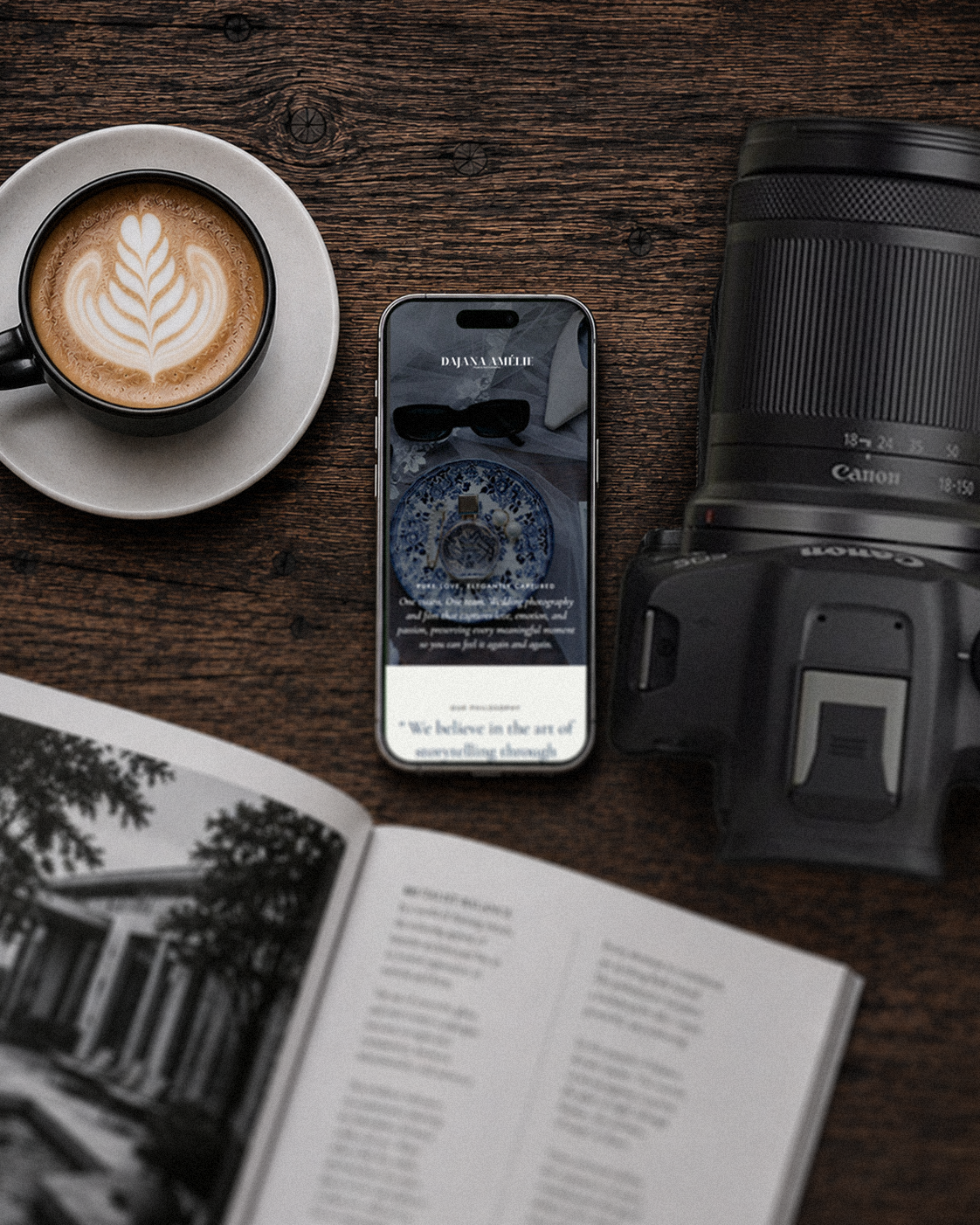 DAJANA AMELIE editorial photography brand displayed on iPhone mobile mockup with modern black and white design