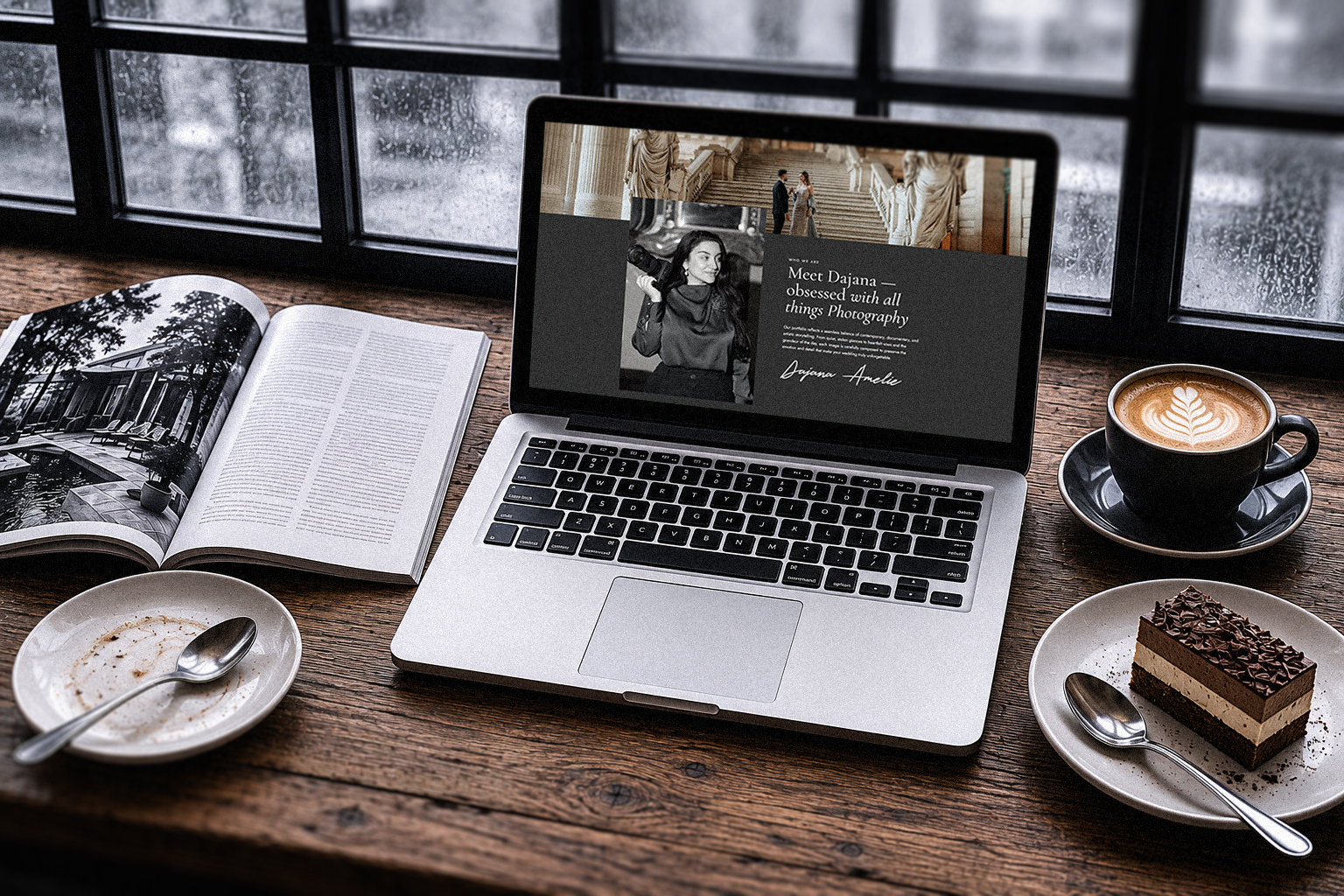 DAJANA AMELIE wedding photography brand storytelling displayed on iPhone mobile mockup with modern black and white design