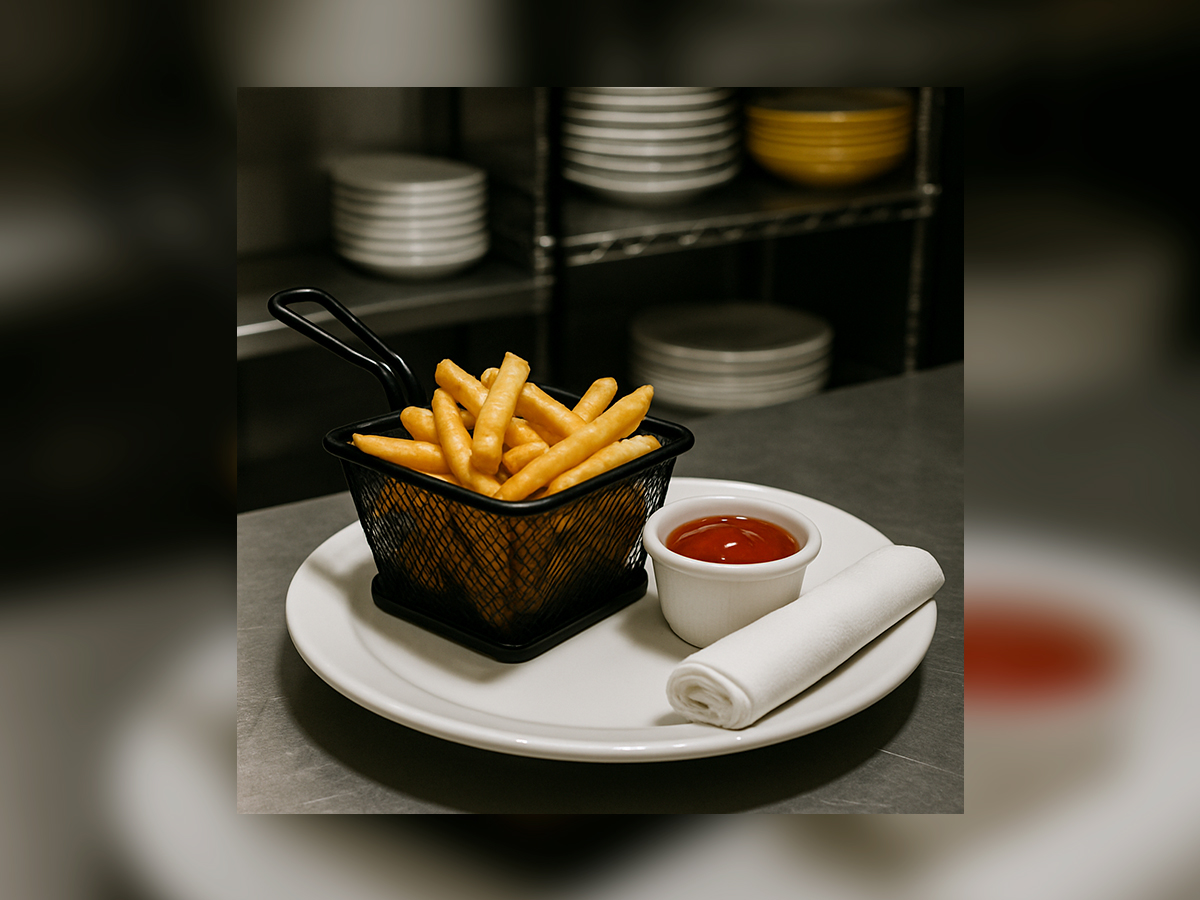 French fries served in black basket with ketchup dip on white plate at Restaurant Happy Face kitchen